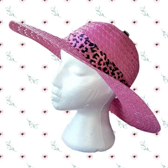 PINK SUN HAT WITH LEOPARD RIBBON - Picture 4 of 7
